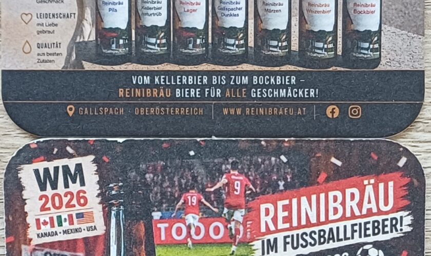 Fußball WM 2026 Bierdeckel mit Reinibräu Biere