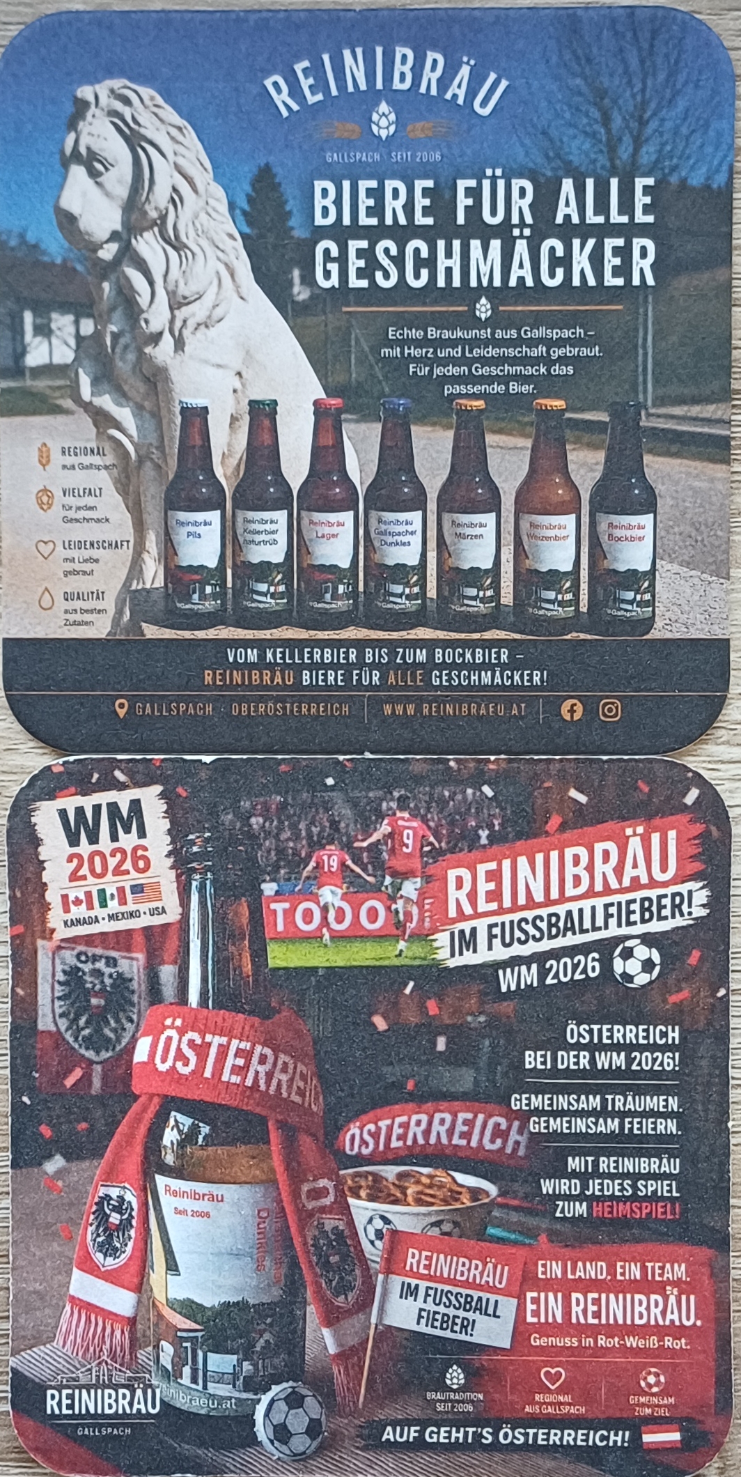 Fußball WM 2026 Bierdeckel mit Reinibräu Biere